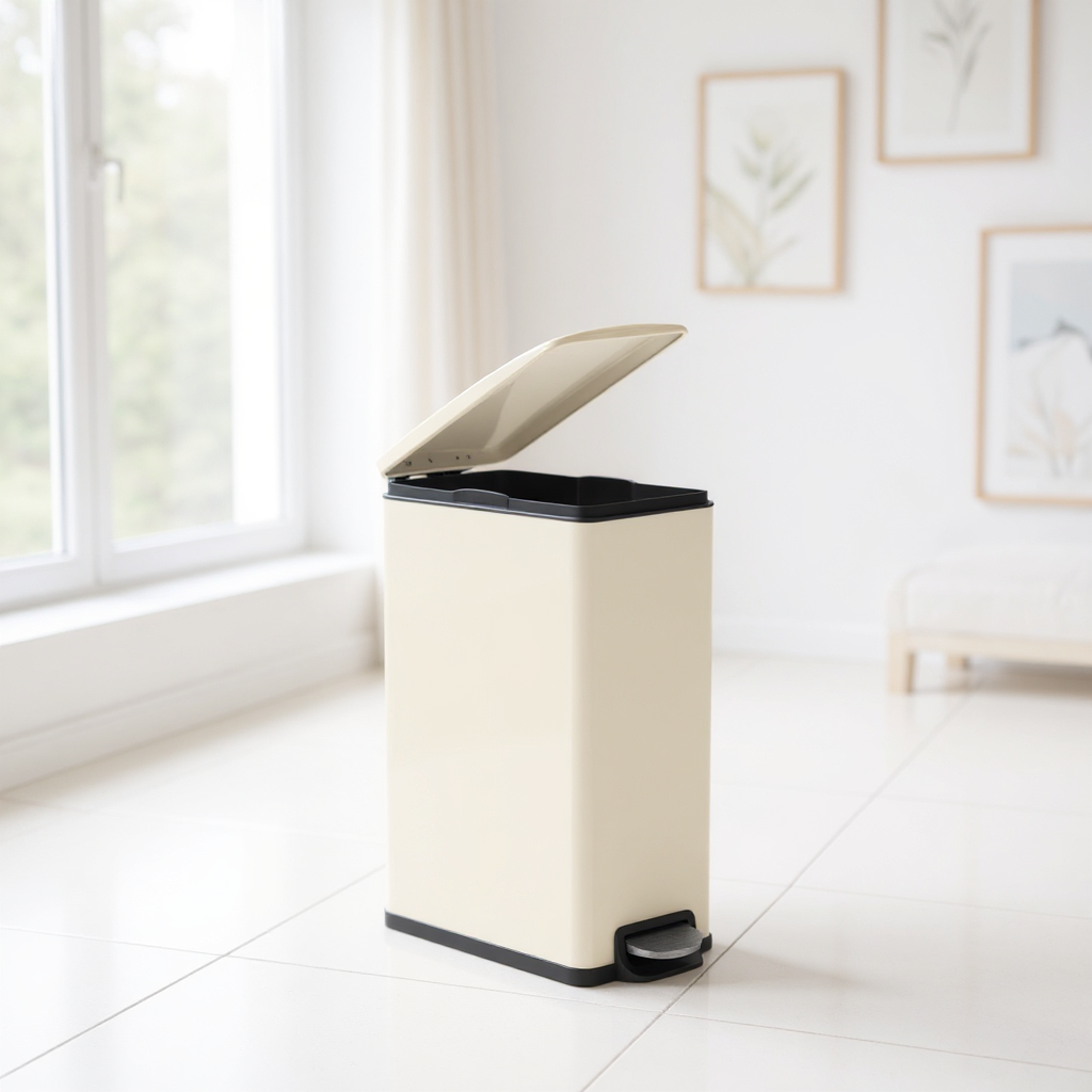 13 Gallon Slim Trash Can, Soft-Close Lid with Inner Bucket & Pedal, Narrow Space Kitchen Bin, Sand Beige