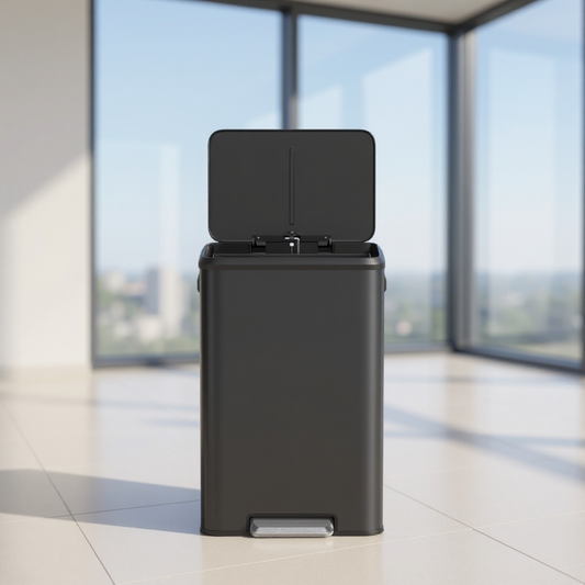 10.5-Gallon Step Kitchen Trash Can, Soft-Close Stay-Open Lid, Inner Bucket, Wide Pedal, Compact Design, Stainless Steel,Black