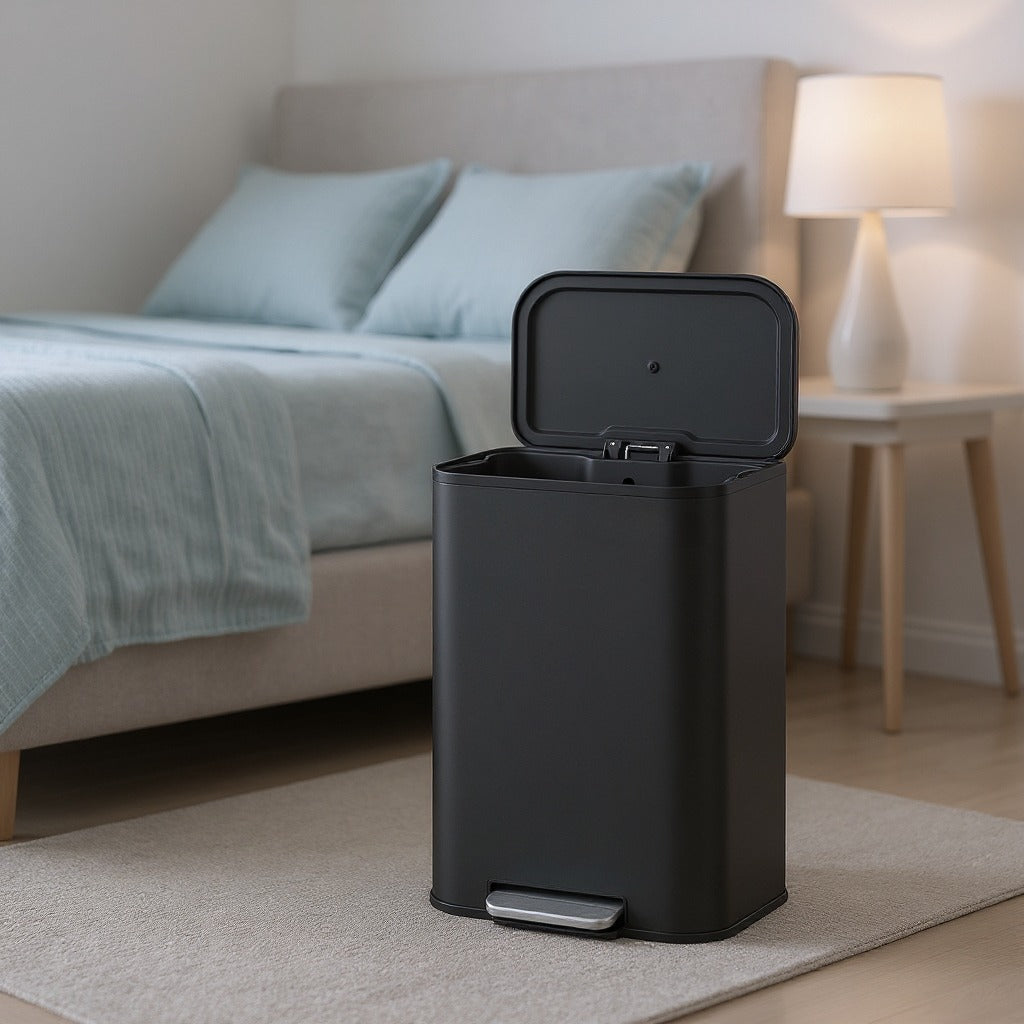 13-Gallon Step Kitchen Trash Can, Soft-Close Stay-Open Lid, Inner Bucket, Non-Slip Pedal, Family Stainless Steel Bin,Ink Black