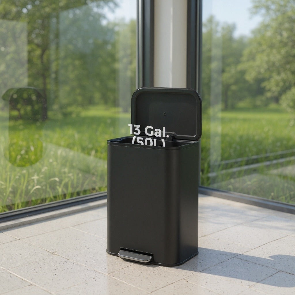 13-Gallon Step Kitchen Trash Can, Soft-Close Stay-Open Lid, Inner Bucket, Non-Slip Pedal, Family Stainless Steel Bin,Ink Black