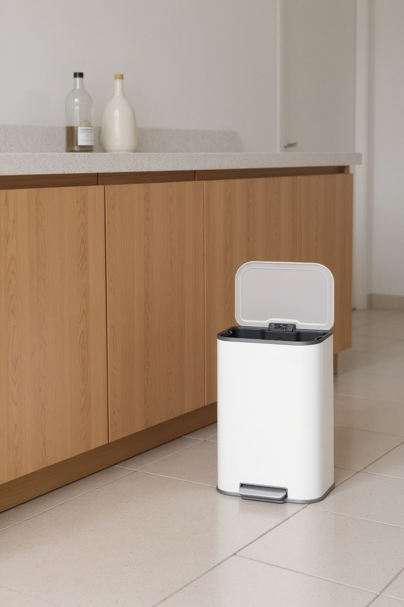 13-Gallon Step Trash Can, Soft-Close Stay-Open Lid, Inner Bucket, Anti-Slip Base, Family Kitchen Stainless Steel Bin,Cloud White