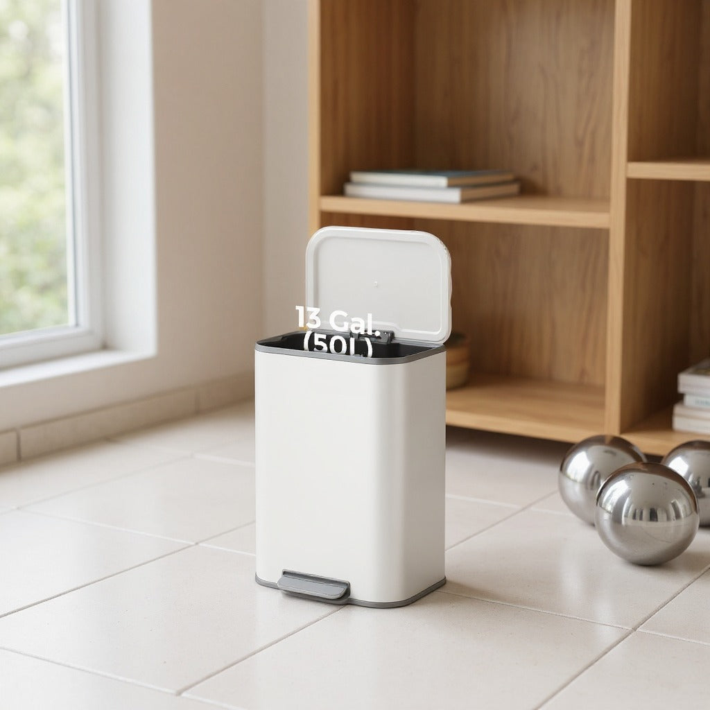 13-Gallon Step Trash Can, Soft-Close Stay-Open Lid, Inner Bucket, Anti-Slip Base, Family Kitchen Stainless Steel Bin,Cloud White