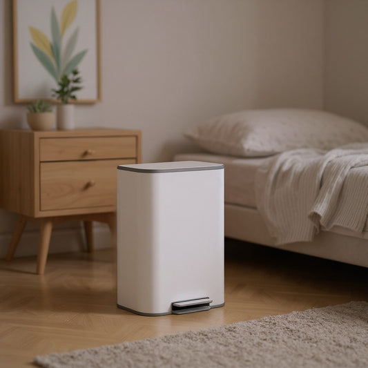 13-Gallon Step Trash Can, Soft-Close Stay-Open Lid, Inner Bucket, Anti-Slip Base, Family Kitchen Stainless Steel Bin,Cloud White