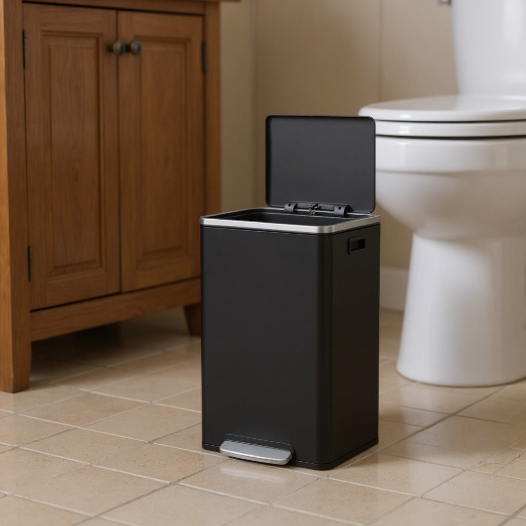 13-Gallon Trash Can with Soft-Close Lid, Removable Inner Bucket, Foot Pedal, Includes 15 Liners – Stainless Steel，Ink Black