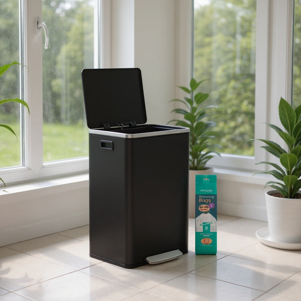 13-Gallon Trash Can with Soft-Close Lid, Removable Inner Bucket, Foot Pedal, Includes 15 Liners – Stainless Steel，Ink Black