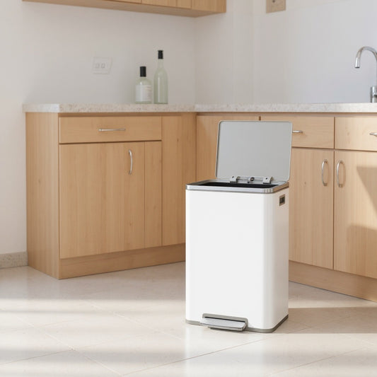 13-Gallon Trash Can with Soft-Close Lid, Removable Inner Bucket, Foot Pedal, Includes 15 Liners – Stainless Steel，Cloud White