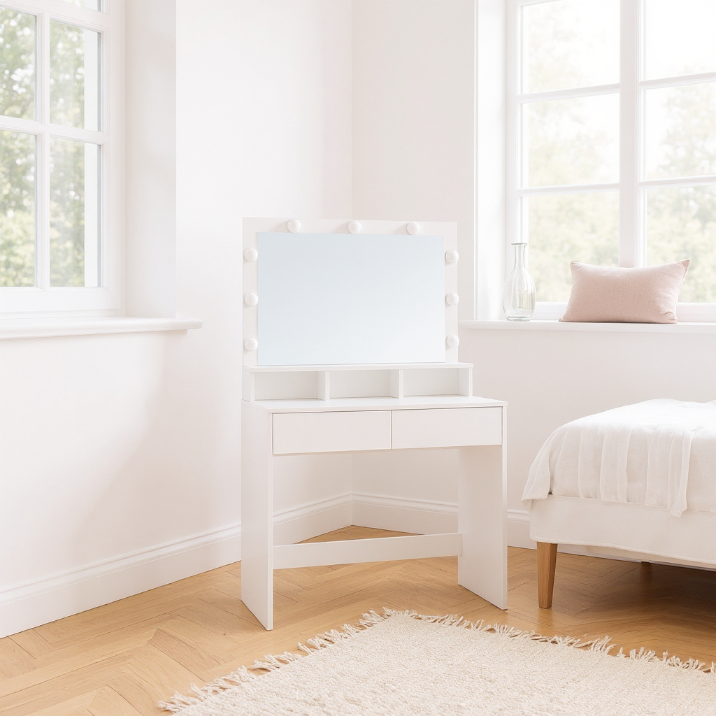 Vanity Desk with Large Mirror & 9 LED Lights, Makeup Dressing Table with Adjustable Brightness, 2 Drawers, 3 Compartments, Anti-Tip Kit, for Bedroom,Cloud White