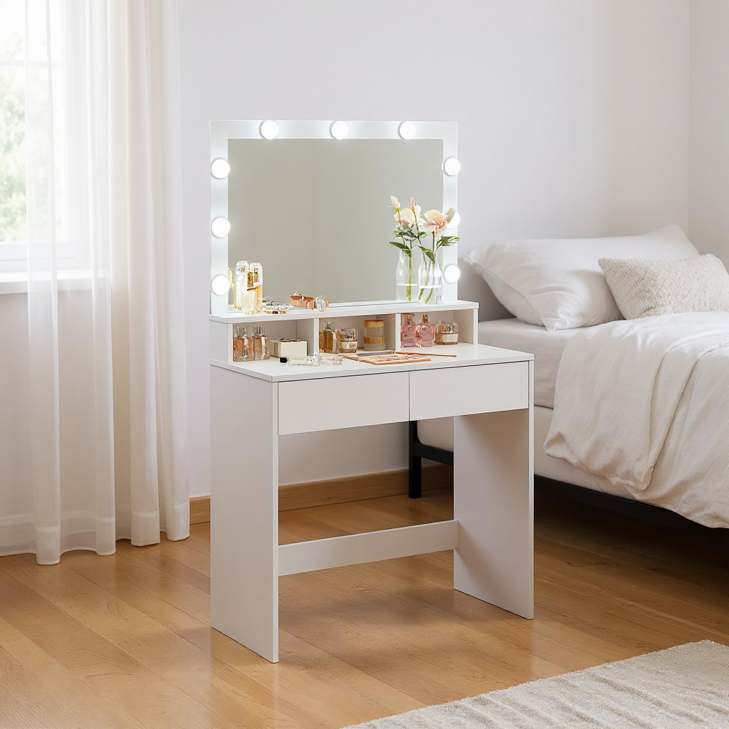 Vanity Desk with Large Mirror & 9 LED Lights, Makeup Dressing Table with Adjustable Brightness, 2 Drawers, 3 Compartments, Anti-Tip Kit, for Bedroom,Cloud White