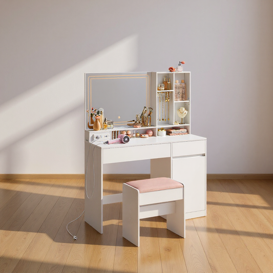 43.3-Inch Vanity Desk with Power Outlets & LED Mirror, Makeup Vanity Set with Stool, 2 Drawers, Jewelry Organizer, Adjustable Shelf, for Bedroom, Cloud White