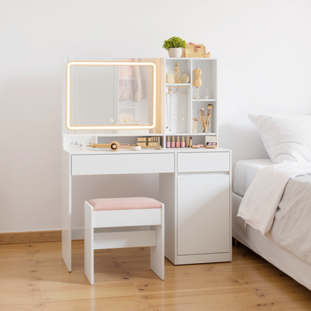 43.3-Inch Vanity Desk with Power Outlets & LED Mirror, Makeup Vanity Set with Stool, 2 Drawers, Jewelry Organizer, Adjustable Shelf, for Bedroom, Cloud White