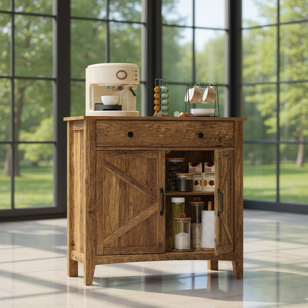 Coffee Bar Cabinet with Drawer & Adjustable Shelf, Multi-Purpose Sideboard Storage for Living Room, Kitchen, Entryway, TV Stand，Honey Brown