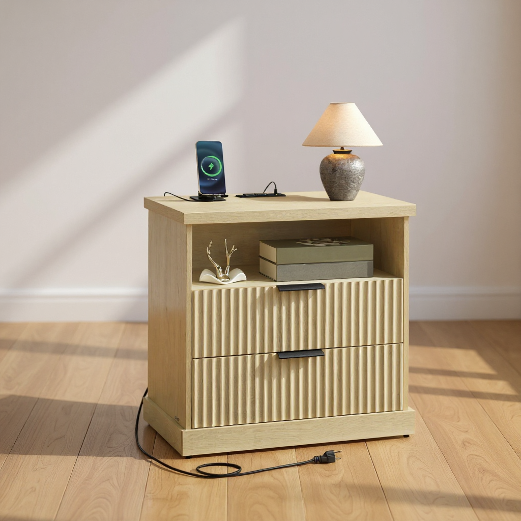 Nightstand with Charging Station & 2 Drawers, Fluted Bedside Table with 2 AC Outlets, USB-A/C Ports, Open Shelf, for Bedroom, Oak Beige