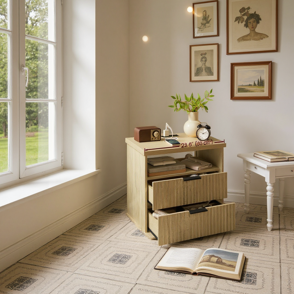 Nightstand with Charging Station & 2 Drawers, Fluted Bedside Table with 2 AC Outlets, USB-A/C Ports, Open Shelf, for Bedroom, Oak Beige
