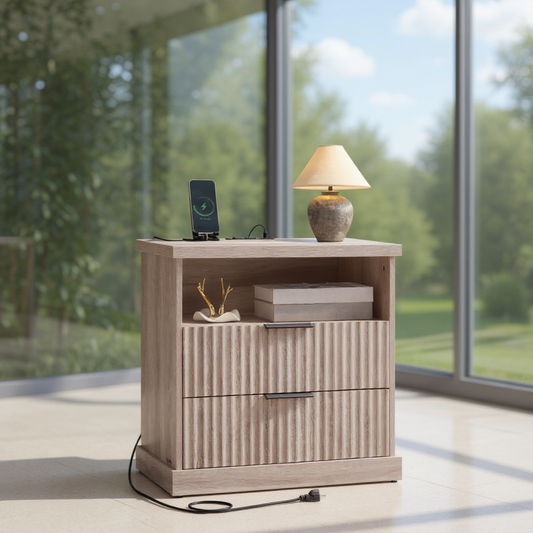 MAXE Collection Nightstand with Charging Station, 2 Drawers & Open Shelf, Extra Wide Bedside Table with 2 AC Outlets & USB Ports, Transitional Style, for Bedroom, Washed Gray