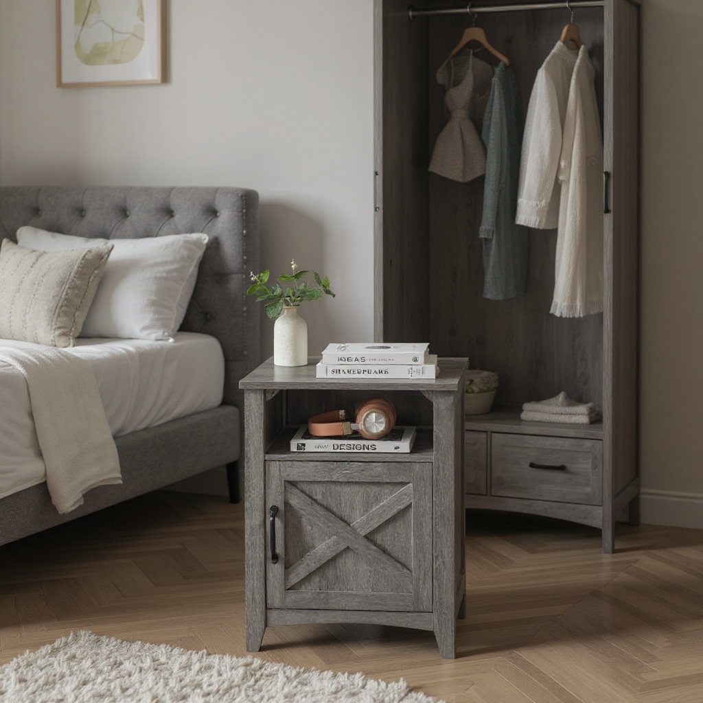 Farmhouse Nightstand, Set of 2, Barn Door & Open Shelf, Versatile Bedside Table with Storage, Reversible Door, for Bedroom Living Room,Misty Gray