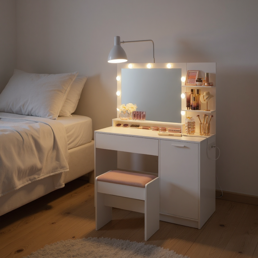 Makeup Vanity Desk Set with LED Mirror & Stool, Dimmable Lights, Power Outlets & USB Ports, Storage Drawer & Shelves, for Bedroom,Cloud White