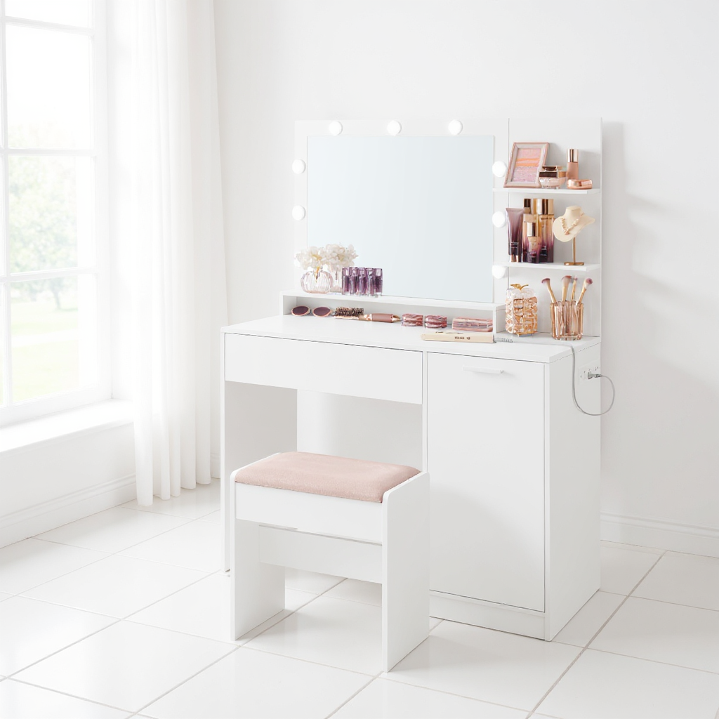 Makeup Vanity Desk Set with LED Mirror & Stool, Dimmable Lights, Power Outlets & USB Ports, Storage Drawer & Shelves, for Bedroom,Cloud White