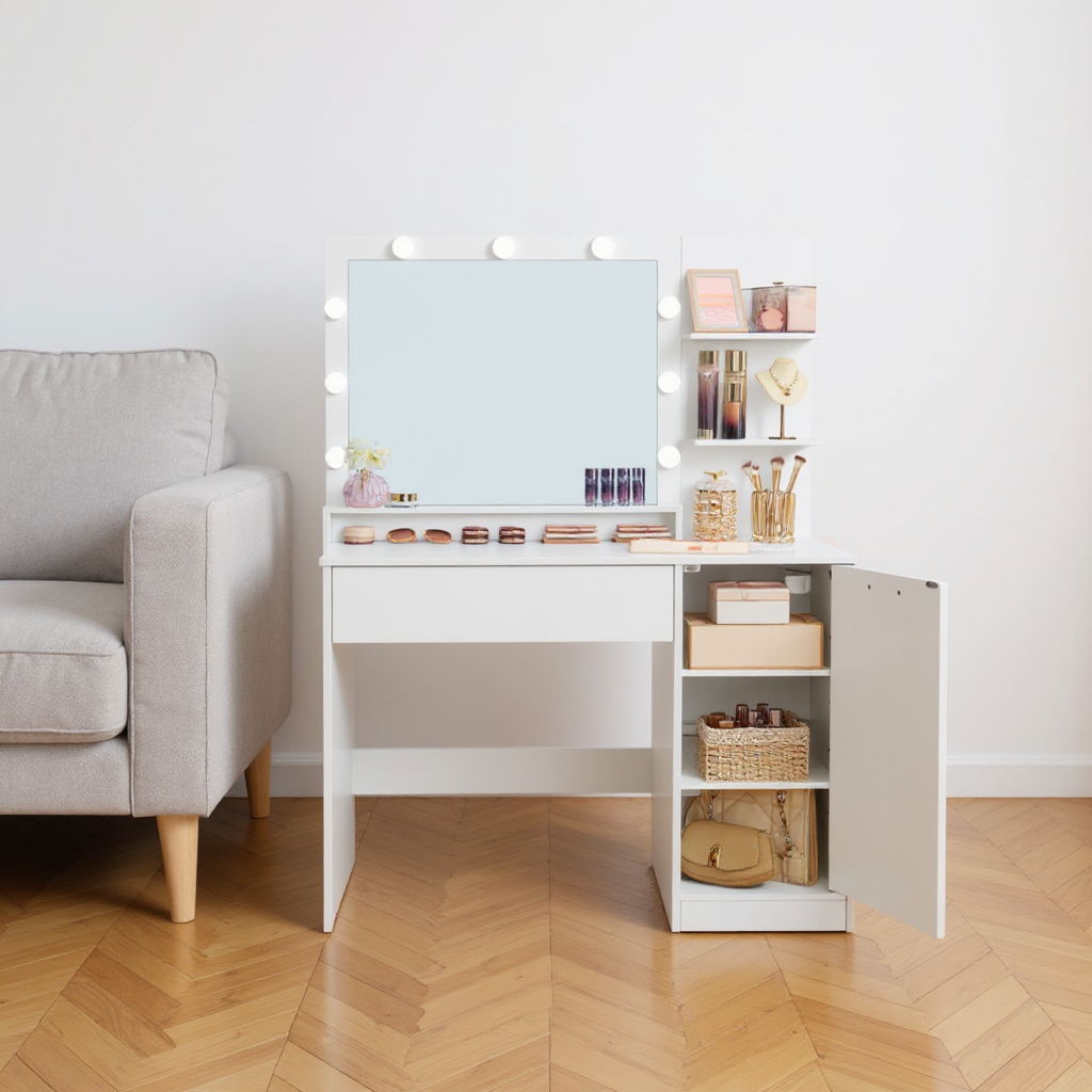 Makeup Vanity Desk Set with LED Mirror & Stool, Dimmable Lights, Power Outlets & USB Ports, Storage Drawer & Shelves, for Bedroom,Cloud White