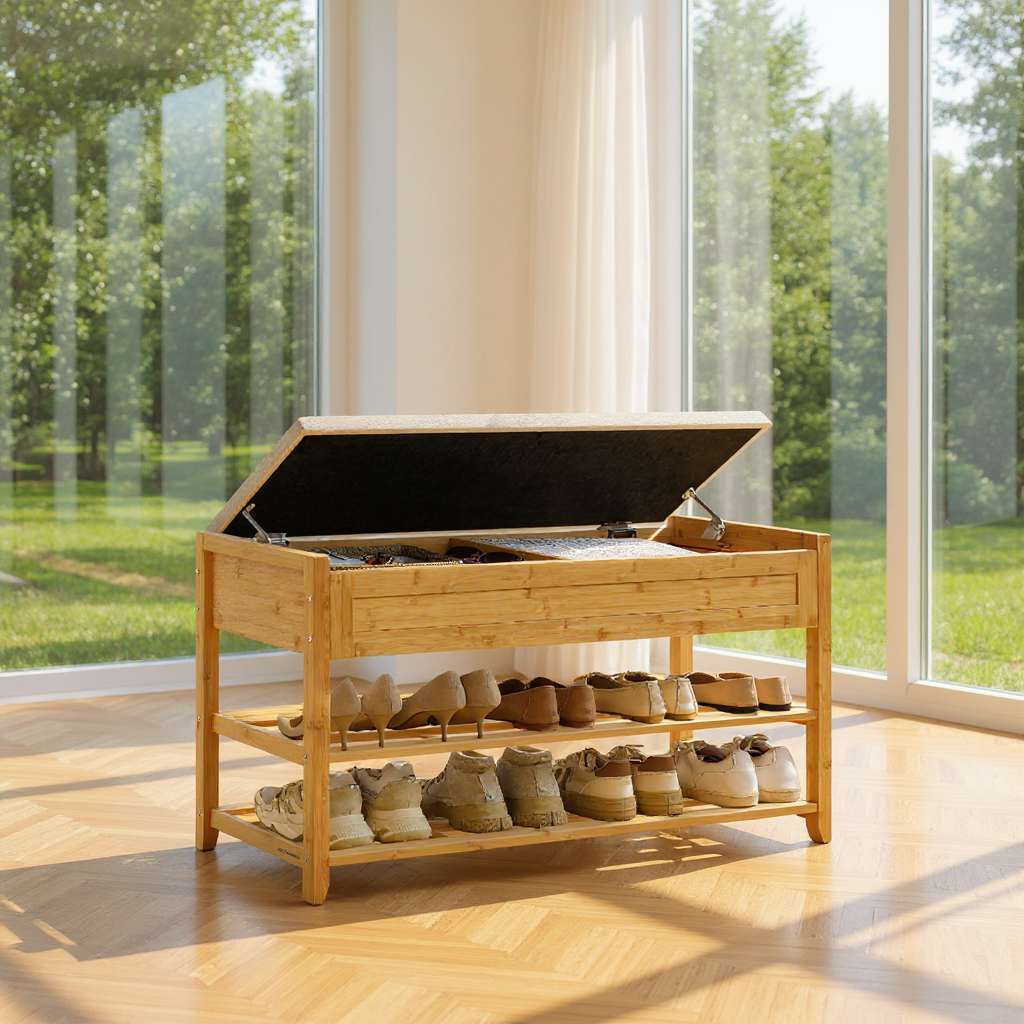 Bamboo Storage Bench, 39.4" Wide 2-Tier Shoe Rack with Hidden Compartments & Seat Cushion, Entryway Organizer for Living Room Dorm, Natural Beige