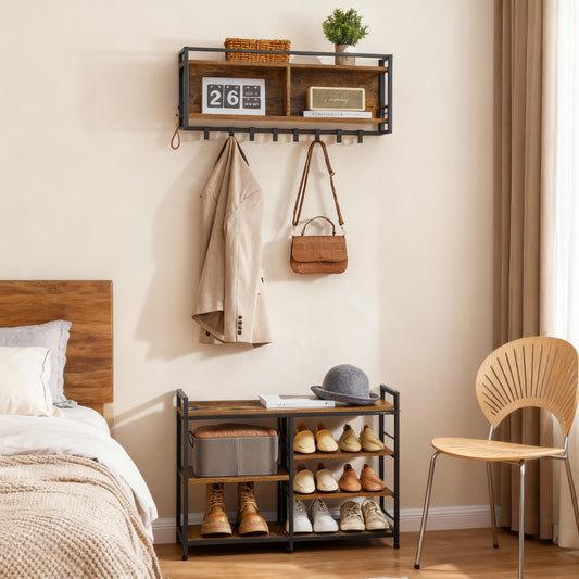 Hall Tree with Shoe Bench, 12-Hook Coat Rack & 4-Tier Shoe Storage, Multifunctional Entryway Organizer, Rustic Brown