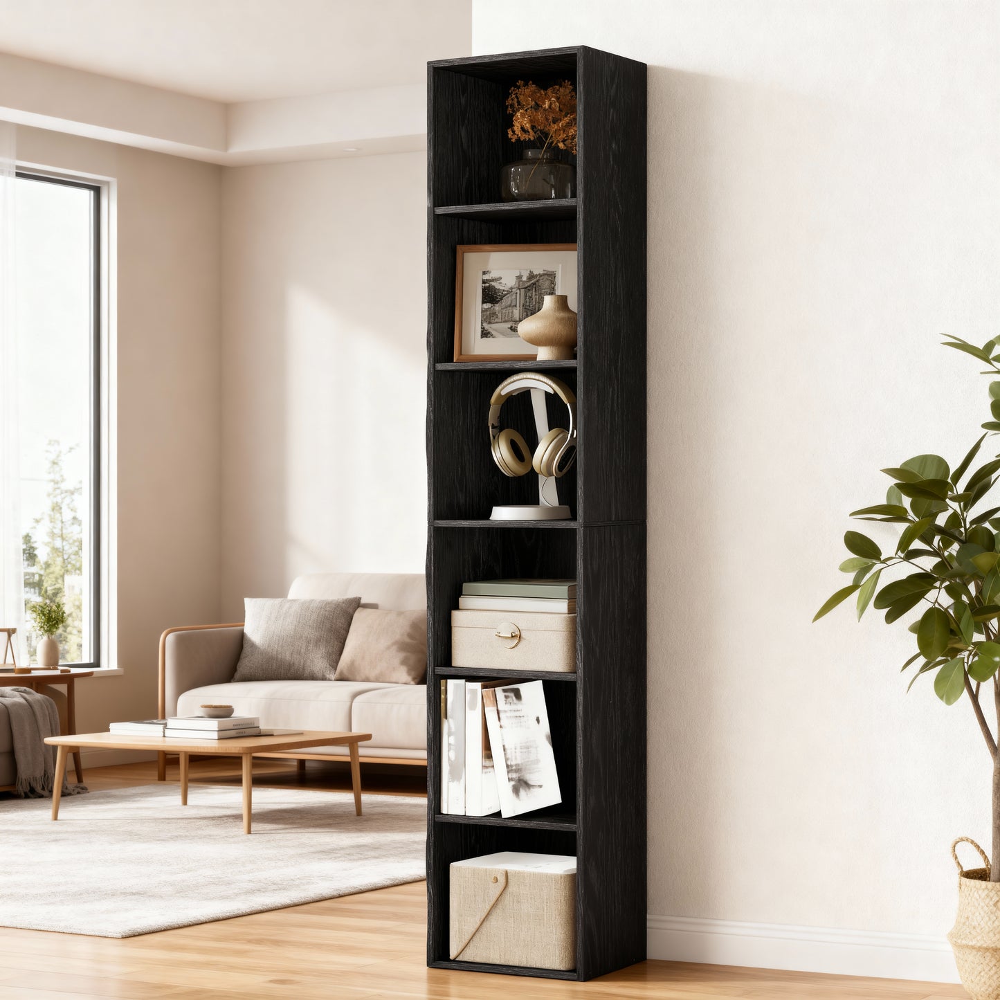 6-Tier Tall Bookcase, Adjustable Storage Shelf with Open Compartment Design, 63.3 Inch Height for Multiple Rooms, Ebony Black