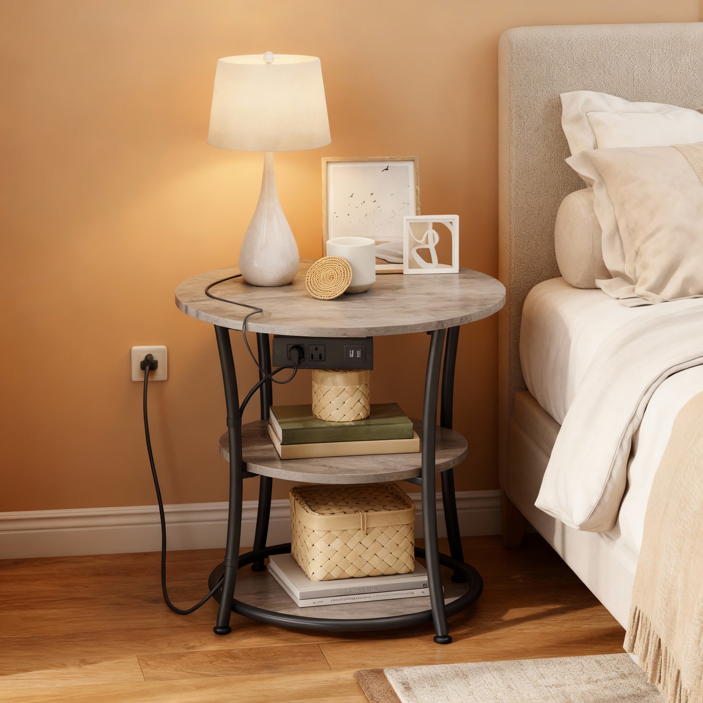 2-Tier Round Side Table with Power Outlets, 21.7 Inch Charging Nightstand with 2 AC & 2 USB Ports, Heather Greige & Ink Black