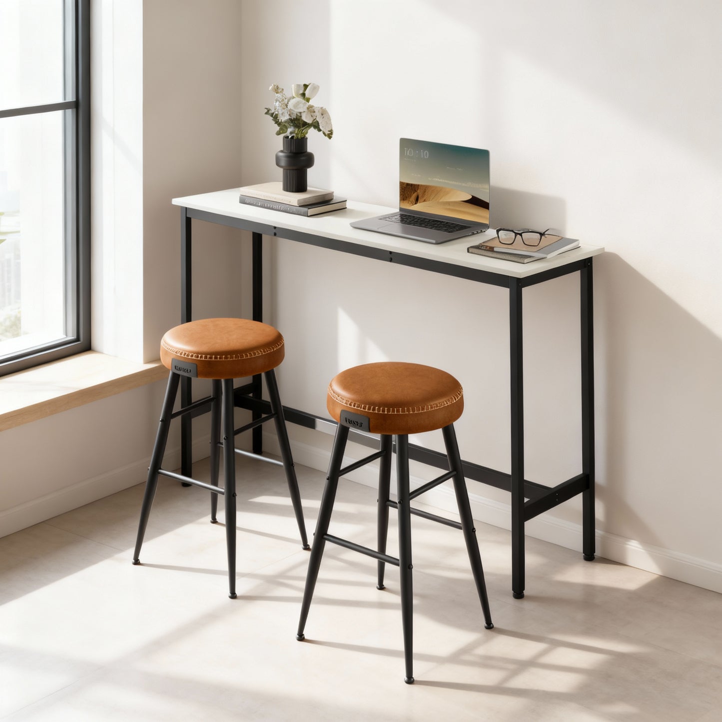 55.1-Inch Bar Table, Narrow Kitchen Dining Table with Metal Frame & Adjustable Feet, Industrial, Rustic White & Ink Black