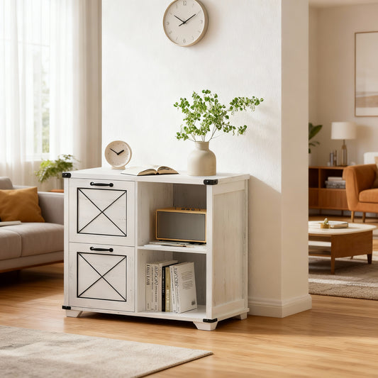 Modern Farmhouse Lateral File Cabinet with 2 Drawers & 2 Open Compartments, Printer Stand for Home Office, Fits A4/Letter Size, Rustic White