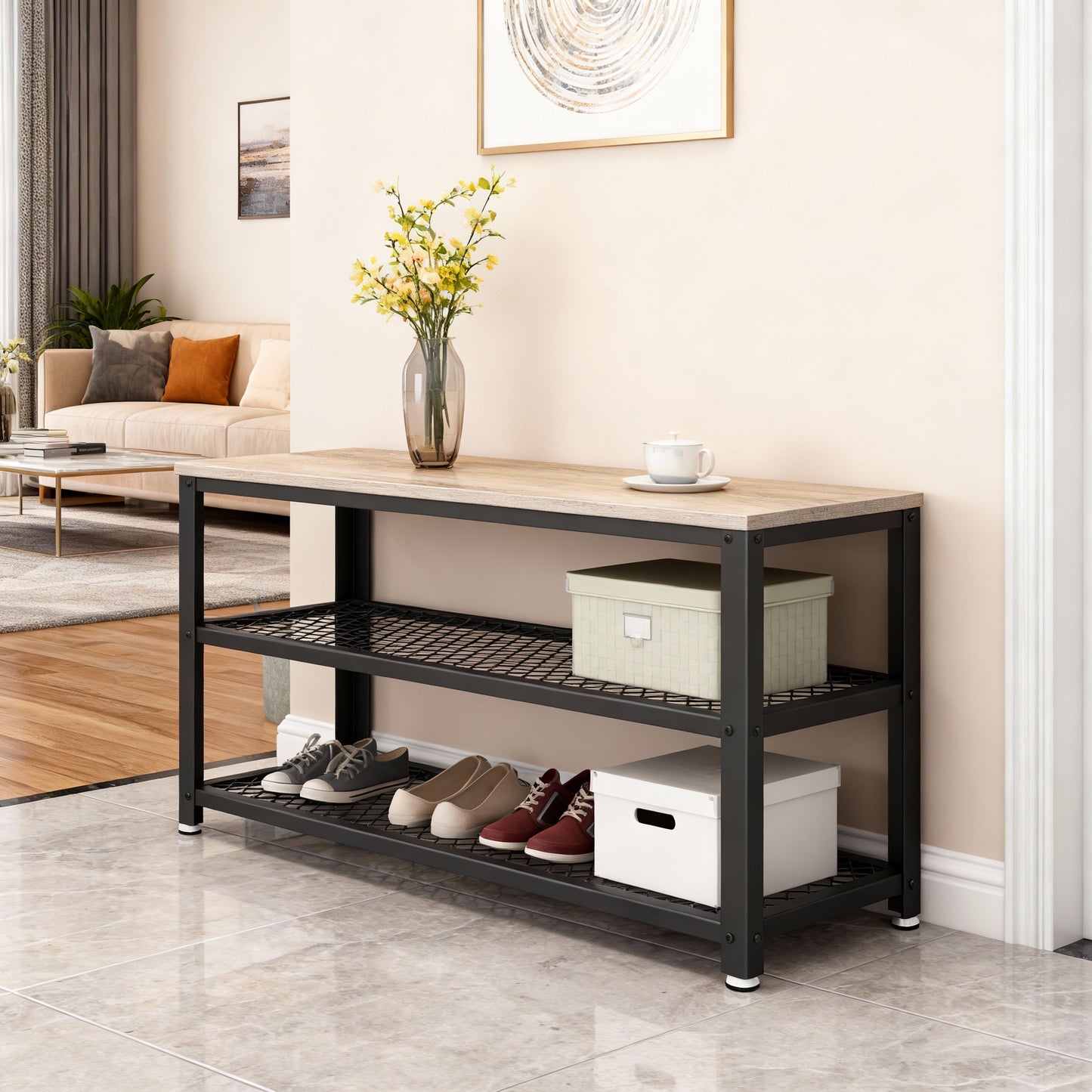 3-Tier Shoe Rack Bench, Free Standing Shoe Organizer with Metal Mesh Shelves & Seat, 39.4 Inch, Greige & Black