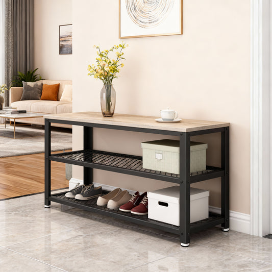3-Tier Shoe Rack Bench, Free Standing Shoe Organizer with Metal Mesh Shelves & Seat, 39.4 Inch, Greige & Black