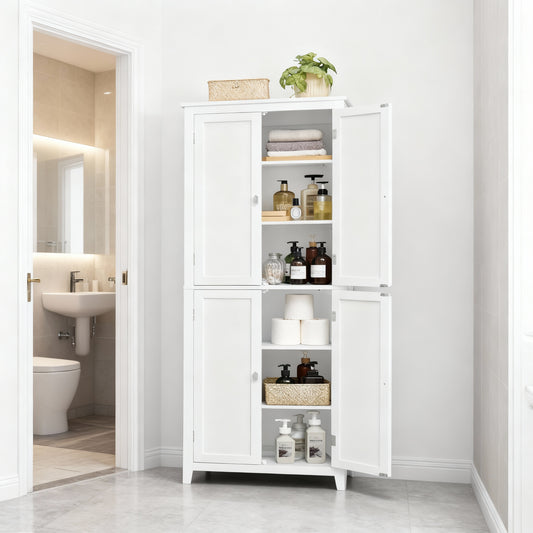 Tall Floor Storage Cabinet, 66.9 Inch Freestanding Organizer with 4 Doors & Adjustable Shelves, for Entryway Bathroom, Cloud White