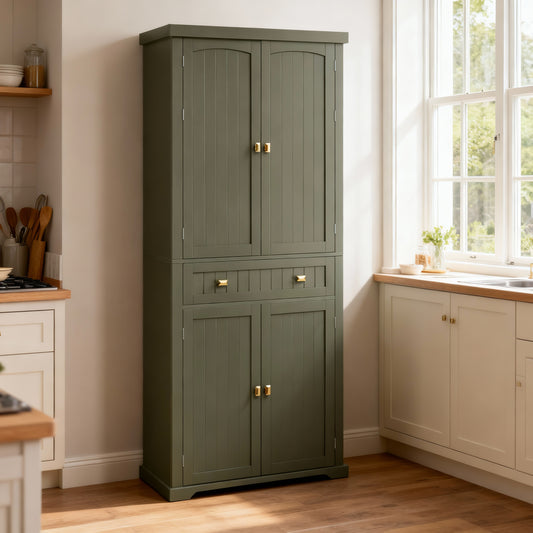 Freestanding Pantry Cabinet, 71.7 Inch Tall Storage with 2 Beadboard Doors, 6 Adjustable Shelves & Drawer, for Kitchen Living Room, Forest Green