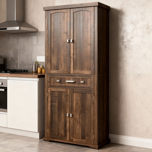 Freestanding Pantry Cabinet, 71.7 Inch Tall Storage with 2 Beadboard Doors, 6 Adjustable Shelves & Drawer, for Kitchen Living Room, Deep Brown