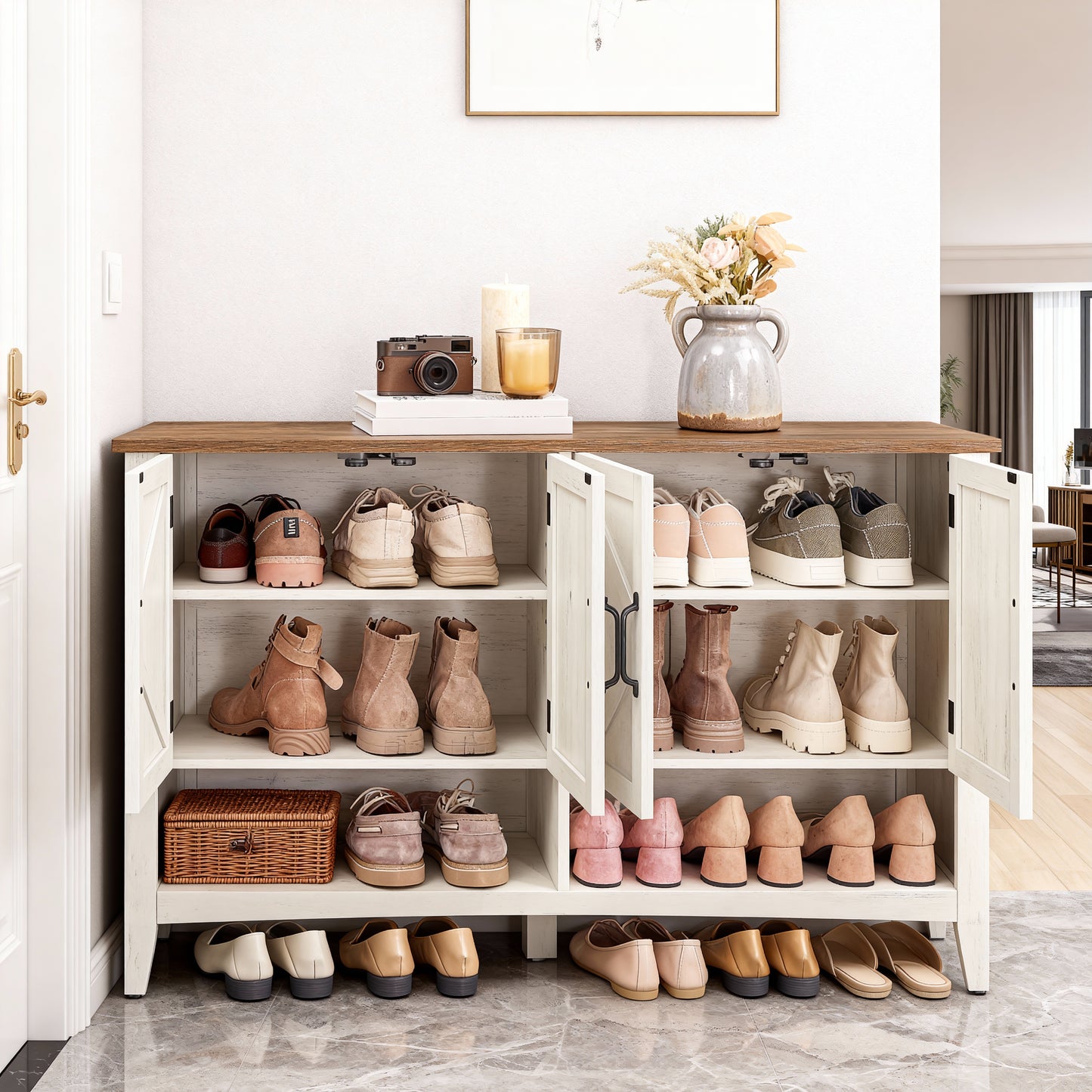 3-Tier Shoe Storage Cabinet with Adjustable Shelf, Freestanding Farmhouse Shoe Organizer for Entryway or Living Room, Holds 12–18 Pairs, Rustic White