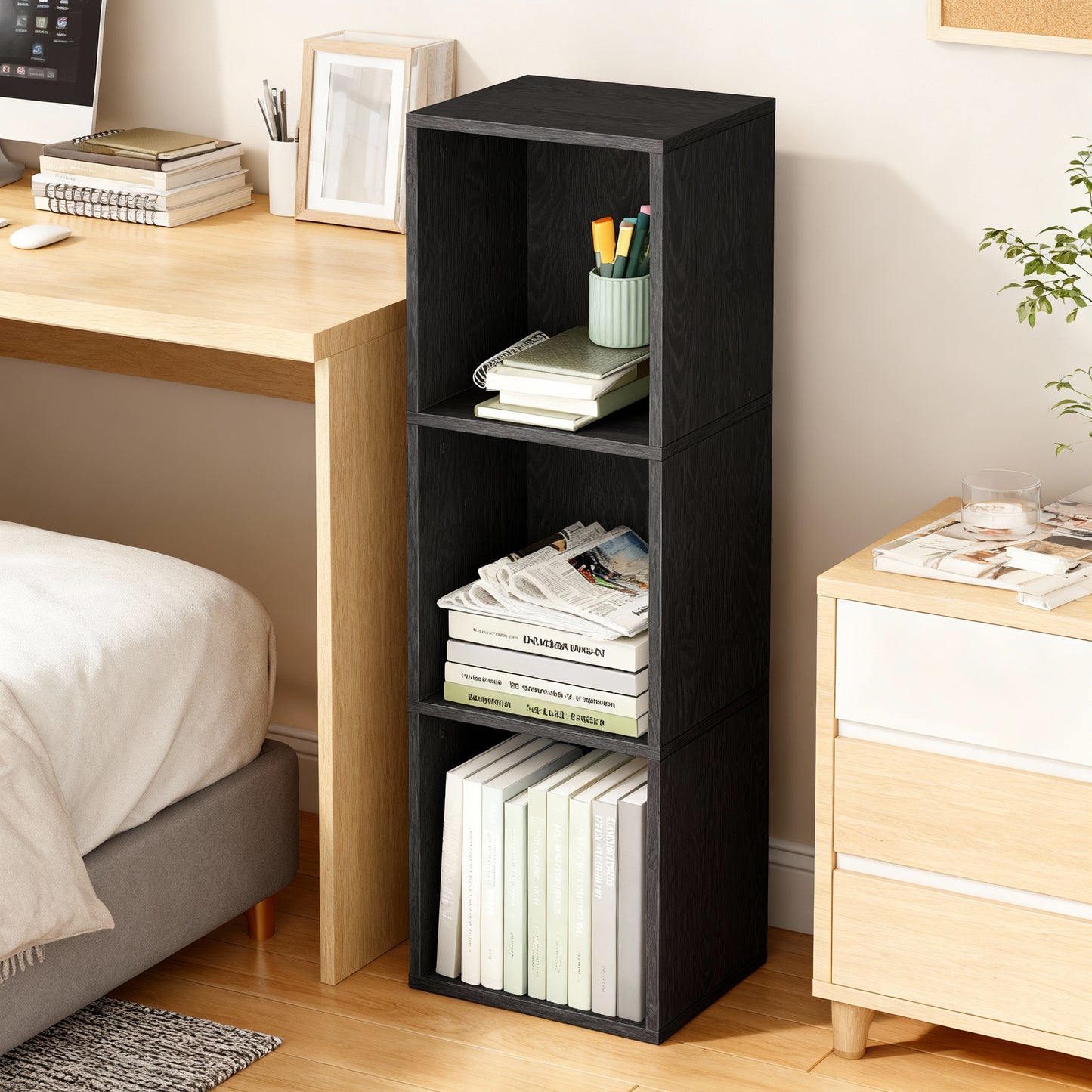 3-Tier Bookshelf with Open Compartment Design, Slim Vertical Bookcase for Corner Storage, Stable H-Frame Structure, Quick and Easy Assembly, for Living Room or Home Office, Ebony Black