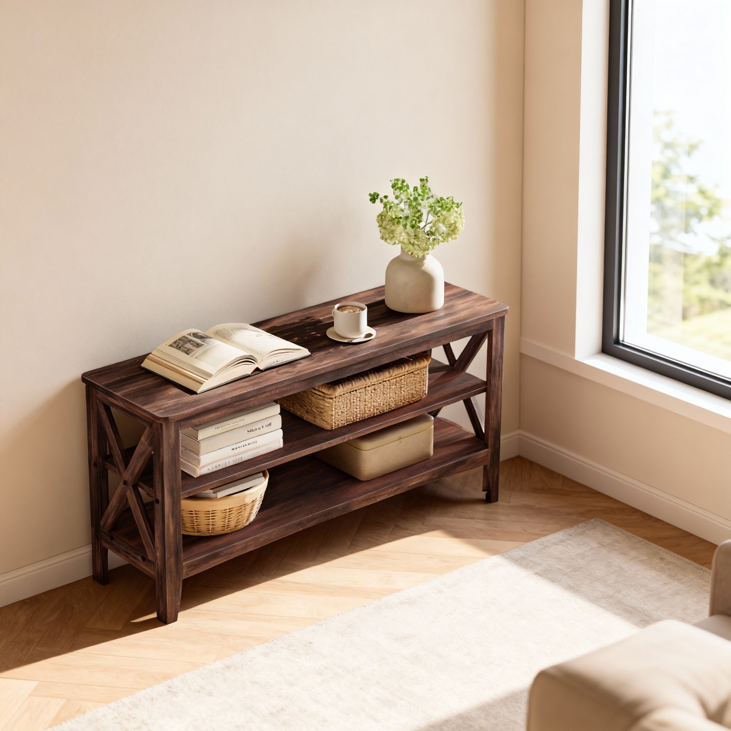 2-Tier Entryway Storage Bench with Shoe Rack, Farmhouse Style Padded Seat, 11.8 x 39.4 x 18.9 Inches, Holds Up to 600 lb, Maroon Brown