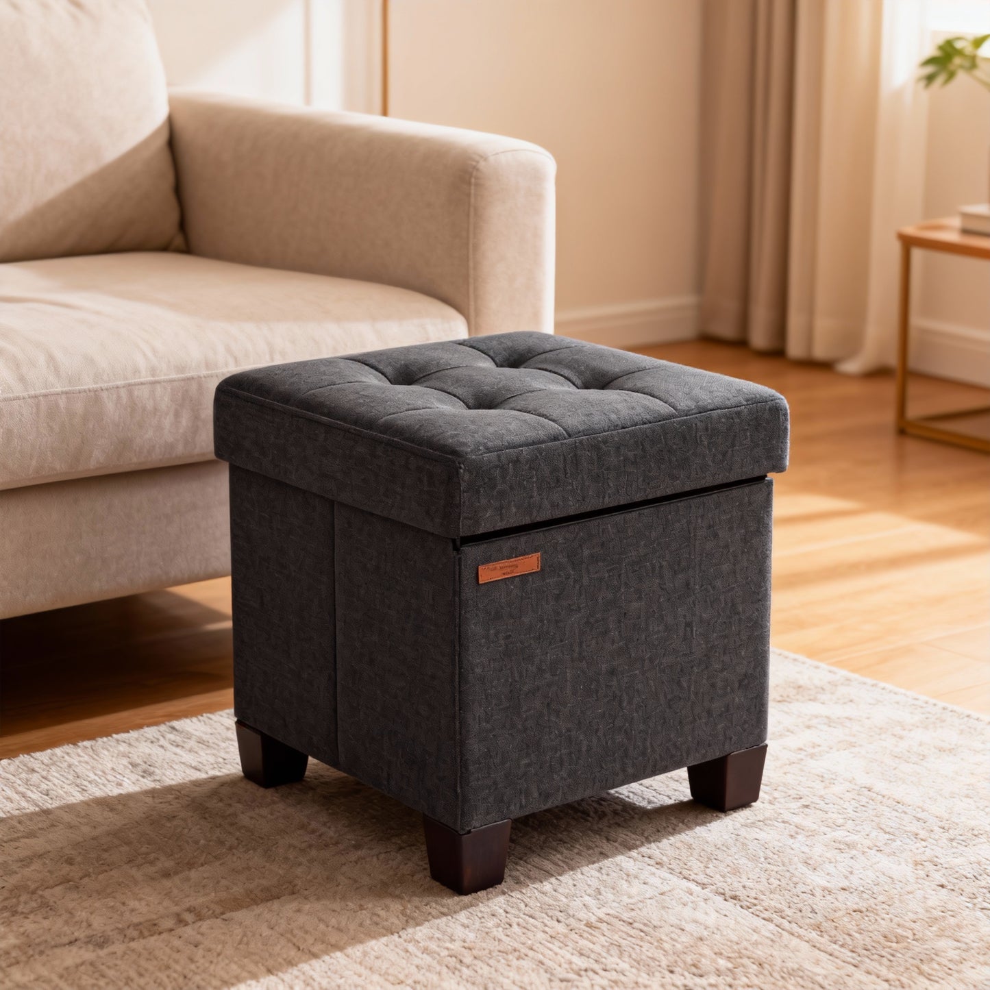 Small Storage Ottoman with Legs, Foot Rest Stool with 10-Gallon Hidden Storage, 15x15x15.7 Inches, Load up to 660 lb, for Living Room or Bedroom, Ink Black
