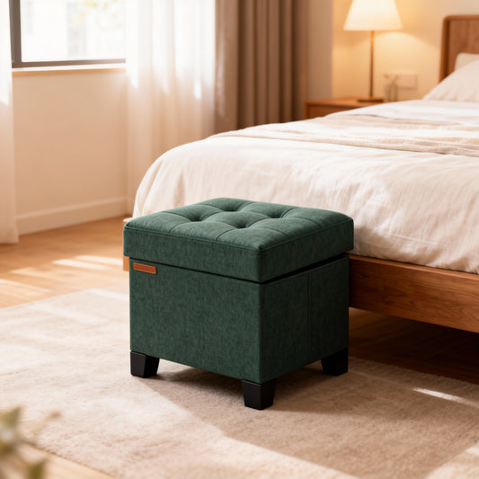 Small Storage Ottoman with Legs, 15x15x15.7 Inches Foot Stool, 10-Gallon Hidden Storage, Supports up to 660 lb, Multipurpose Seat for Living Room, Bedroom, Retro Green