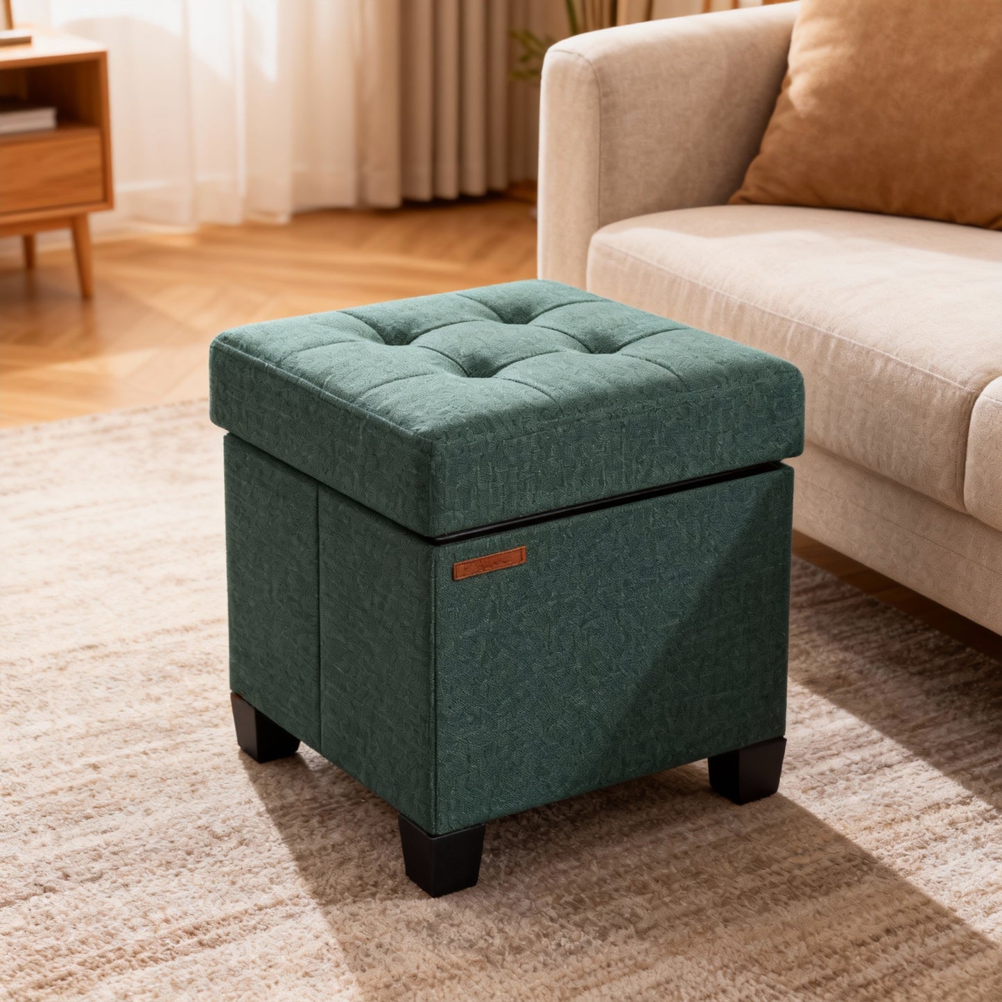 Small Storage Ottoman with Legs, 15x15x15.7 Inches Foot Stool, 10-Gallon Hidden Storage, Supports up to 660 lb, Multipurpose Seat for Living Room, Bedroom, Retro Green