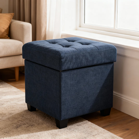 15-Inch Cube Storage Ottoman with Legs, Foot Stool Bench with 10-Gallon Hidden Storage, Supports up to 660 lb, Midnight Blue