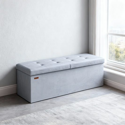 43" Storage Ottoman Bench with Flipping Lid, Foldable MDF Seat with Divider, 660 lb Capacity for Entryway, Living Room, Bedroom, Velvet Footstool, Pale Blue