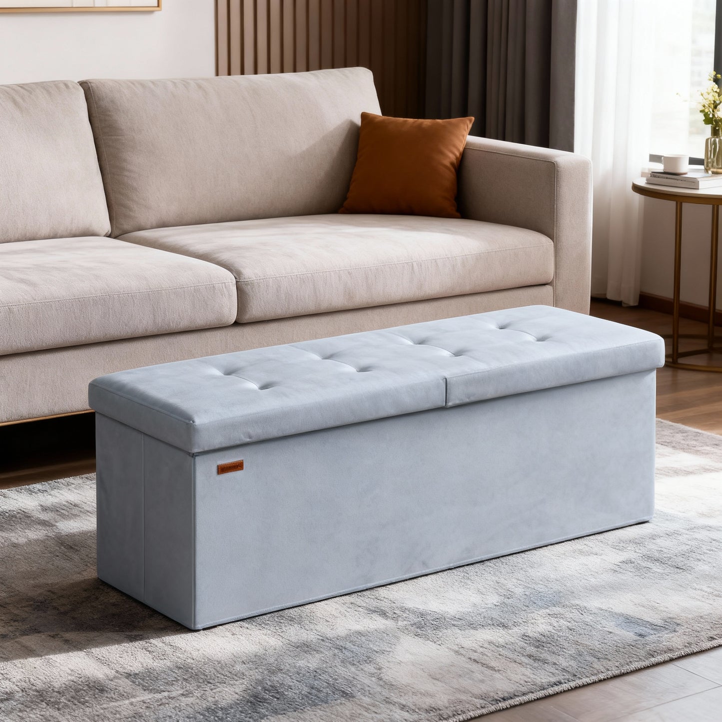 43" Storage Ottoman Bench with Flipping Lid, Foldable MDF Seat with Divider, 660 lb Capacity for Entryway, Living Room, Bedroom, Velvet Footstool, Pale Blue