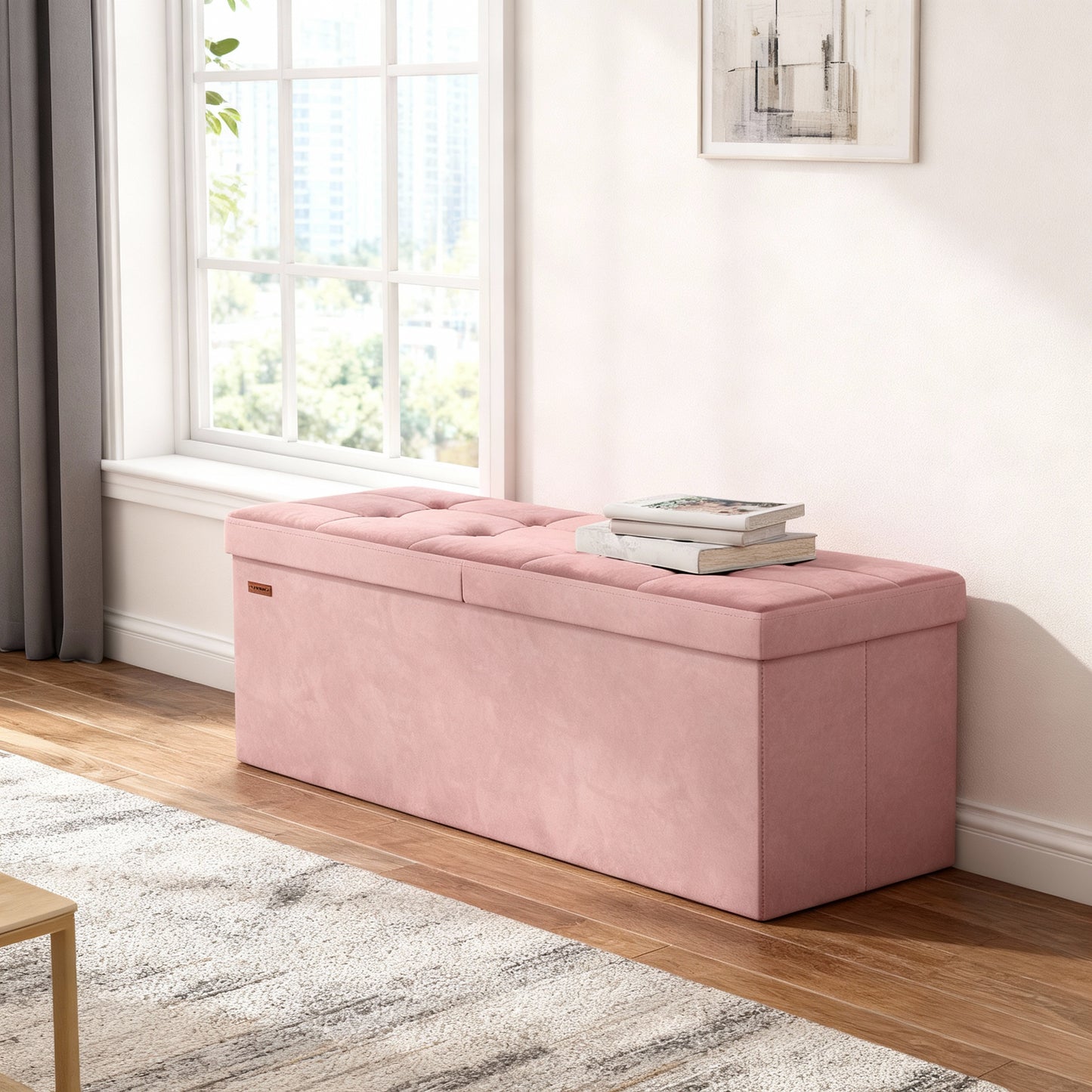 43" Foldable Storage Ottoman Bench with Flipping Lid, MDF Seat with Divider, 660 lb Capacity for Entryway, Living Room, Bedroom, Velvet Footstool, Jelly Pink