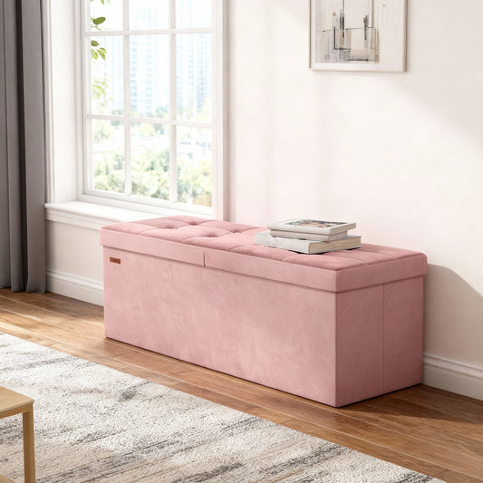 43" Foldable Storage Ottoman Bench with Flipping Lid, MDF Seat with Divider, 660 lb Capacity for Entryway, Living Room, Bedroom, Velvet Footstool, Jelly Pink