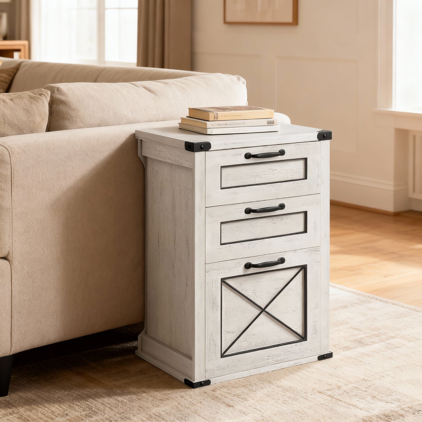 3-Drawer File Cabinet with Hanging File Drawer, Farmhouse Printer Stand for A4 & Letter Files, Freestanding Storage Unit for Home Office, Rustic White