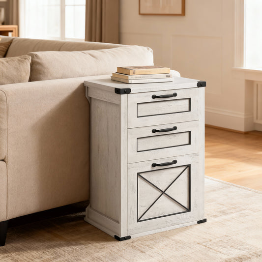 3-Drawer File Cabinet with Hanging File Drawer, Farmhouse Printer Stand for A4 & Letter Files, Freestanding Storage Unit for Home Office, Rustic White