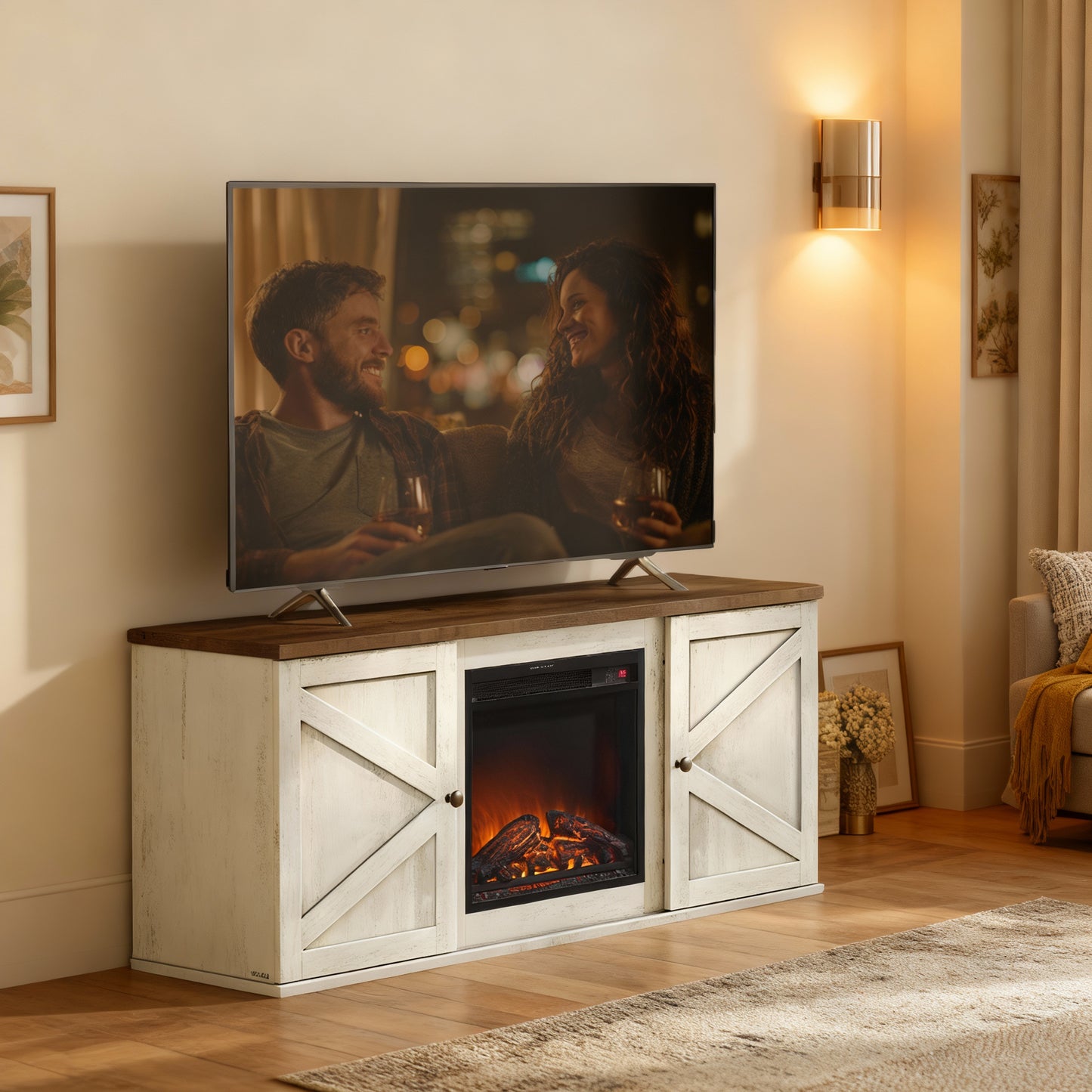 Fireplace TV Stand for TVs up to 65 Inch, Media Console with 18-Inch Electric Fireplace & Remote, Farmhouse Entertainment Center, Rustic White and Honey Brown