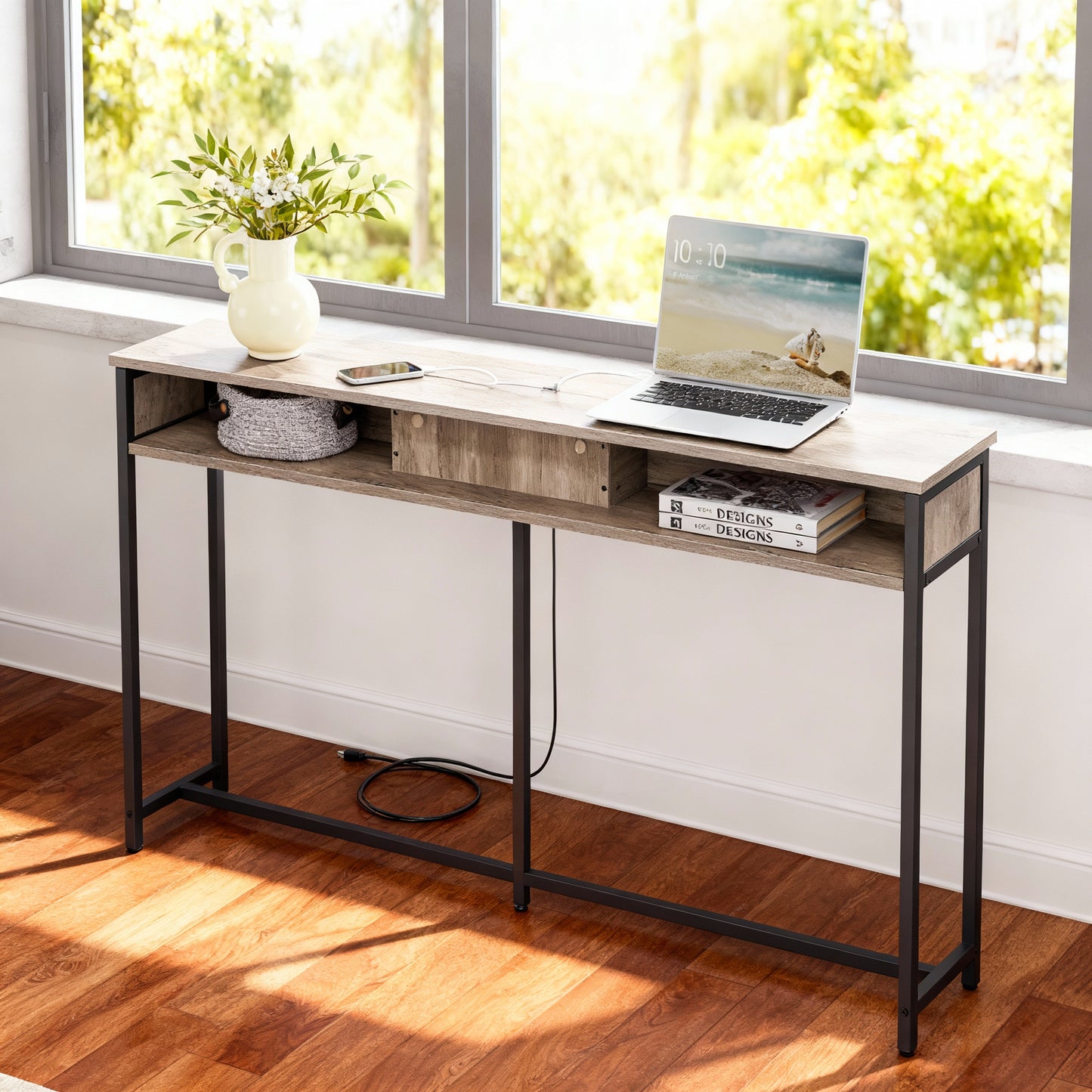 55.1-Inch Console Table with Charging Station, Slim Sofa or Entryway Table with Outlet & USB Ports, Shelves, Heather Greige and Ink Black