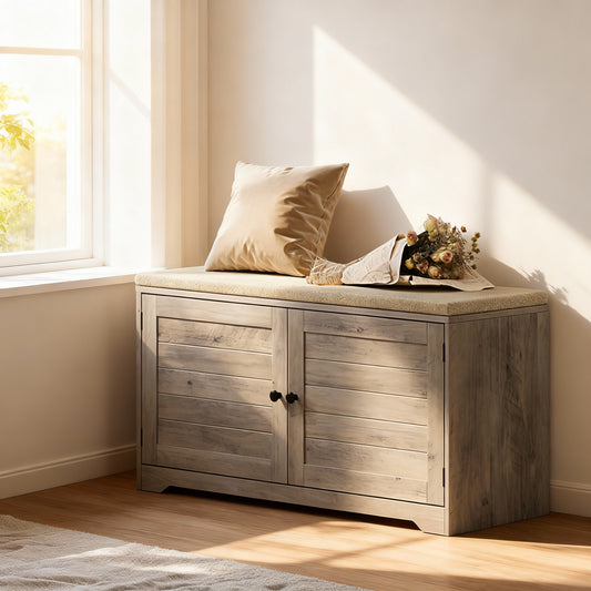 3-Tier Shoe Storage Bench with Cushion, Adjustable Shelves Entryway Bench for Hallway or Bedroom, 39.8-Inch Farmhouse Style, Heather Greige and Cappuccino Beige