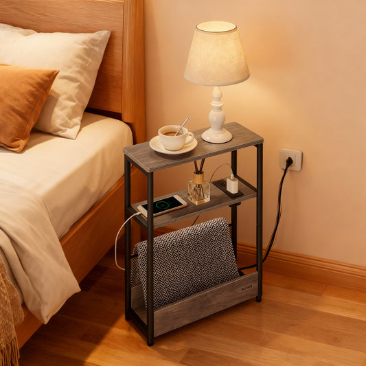 3-Tier Side Table with Charging Station, Narrow End Table and Nightstand for Small Spaces, Sofa Table with Magazine Rack, Heather Greige and Ink Black